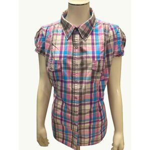 Arizona Jean Company Plaid Short Sleeve Button Up Shirt XL All Cotton Pink Blue